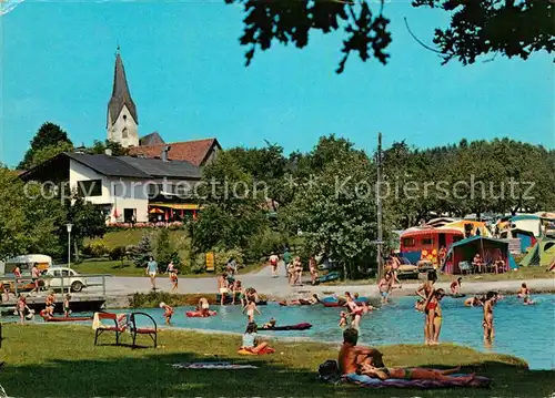 AK / Ansichtskarte Faak_am_See_Finkenstein Campingplatz am See Badestrand Blick zur Kirche Grillrestaurant Faak_am_See_Finkenstein