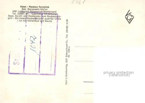 AK / Ansichtskarte Huemmerich_Westerwald Hotel Pension Fernblick Fockenbach Wildgehege Hallenbad im Krunkel Huemmerich_Westerwald