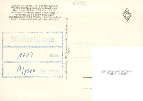 AK / Ansichtskarte Ehrenbreitstein Muehlentaler Tier und Maerchenland Weinhaus Zum Kapellchen Robinson Wildgehege Dornroeschen Ehrenbreitstein