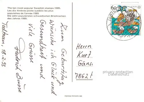 AK / Ansichtskarte Briefmarke_auf_Ak Sverige Schweden 1985 Briefmarke_auf_Ak