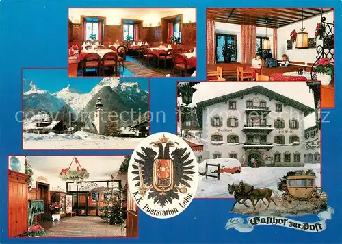 AK / Ansichtskarte Lofer Hotel Gasthof zur Post Restaurant Ortsmotiv mit Kirche Alpen Postkutsche Wappen Lofer