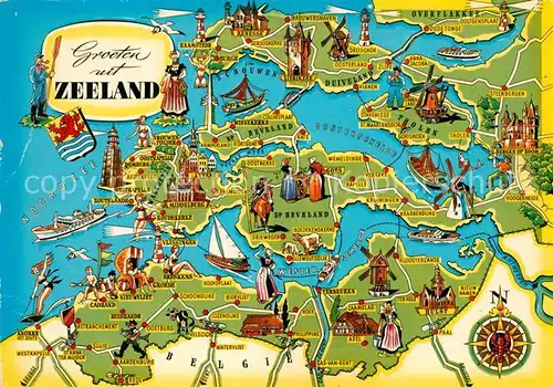 AK / Ansichtskarte Zeeland_Niederlande Landkarte der Region mit Sehenswuerdigkeiten Zeeland_Niederlande