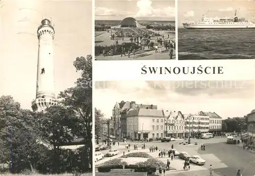 AK / Ansichtskarte Swinoujscie_Swinemuende Latarnia morska Plac Wolnosci Muszla koncertowa Prom Gryf Leuchtturm Konzertpavillon Faehre Swinoujscie Swinemuende