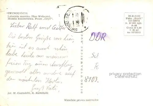 AK / Ansichtskarte Swinoujscie_Swinemuende Latarnia morska Plac Wolnosci Muszla koncertowa Prom Gryf Leuchtturm Konzertpavillon Faehre Swinoujscie Swinemuende