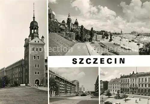 AK / Ansichtskarte Szczecin_Stettin Glockenturm Waly Chrobrego Promenade Oder Hafen Strasse Orla Balego Platz Szczecin_Stettin