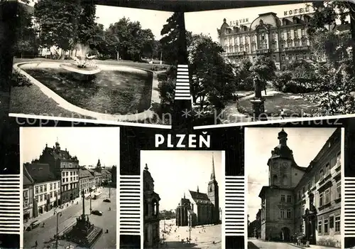 AK / Ansichtskarte Plzen_Pilsen Park Brunnen Hotel Innenstadt Kirche Plzen Pilsen