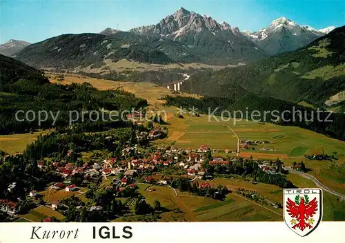 AK / Ansichtskarte Igls_Tirol Fliegeraufnahme mit Europabr?cke Serles Habicht Igls_Tirol