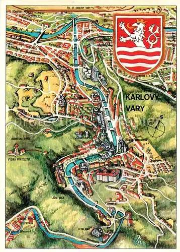 AK / Ansichtskarte Karlovy_Vary Landkarte aus der Vogelperspektive Wappen Illustration Karlovy Vary