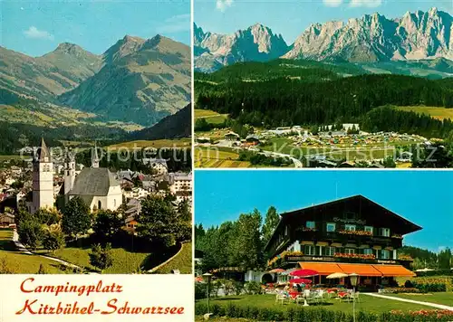 AK / Ansichtskarte Kitzbuehel_Tirol Kirche Suedberge Campingplatz Wilder Kaiser Hotel Bruggerhof am Schwarzsee Kitzbuehel Tirol