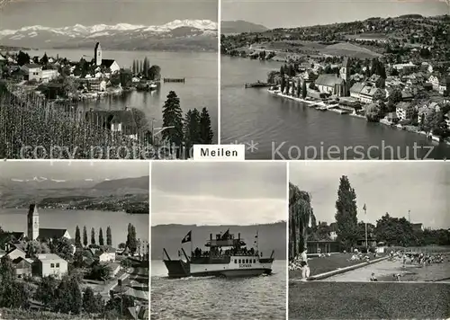 AK / Ansichtskarte Meilen Panorama Motiv mit Kirche Freibad Faehre Zuerichsee Alpen Meilen