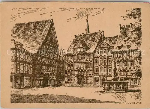 Alt_Hildesheim Altstadt Fachwerkhaeuser Brunnen Marktplatz Zeichnung Wolfgang von Duisburg Kuenstlerkarte Alt_Hildesheim