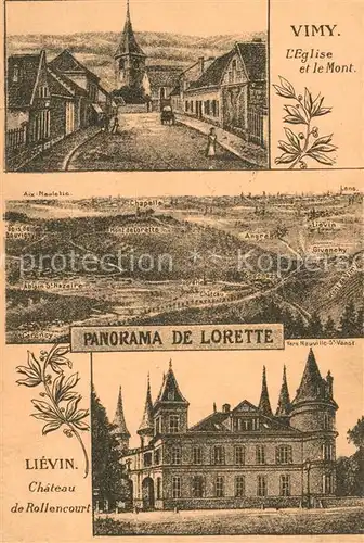 AK / Ansichtskarte Vimy Eglise et le Mont Panorama de Lorette Chateau de Rollencourt Dessin Kuenstlerkarte Vimy