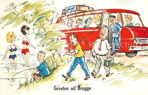 AK / Ansichtskarte Bruges_Brugge_Flandre Badestrand Reisebus Karikatur 