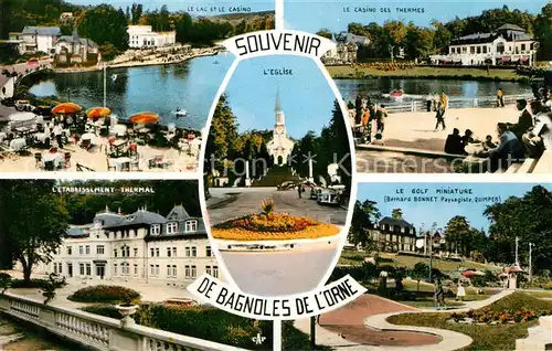 AK / Ansichtskarte Bagnoles de l_Orne Lac Casino des Thermes Etablissement Thermal Eglise Golf Miniature Bagnoles de l_Orne