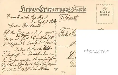 Cambrai Kathedrale mit Belfried Kriegserinnerungskarte Cambrai