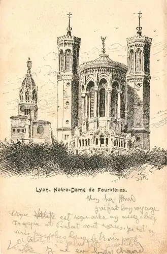 Lyon_France Eglise Notre Dame de Fourvieres Dessin Kuenstlerkarte Lyon France