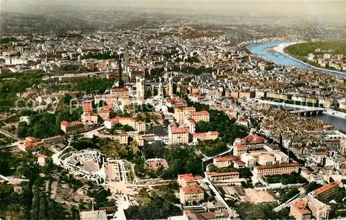 Lyon_France Theatre Romain et la Colline de Fourviere puis la Saone et le Rhone vue aerienne Lyon France