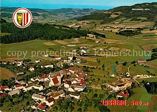 AK / Ansichtskarte Lasberg Fliegeraufnahme mit Pfarrkirche Freibad Dorfschmiede Lasberg