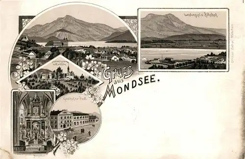 AK / Ansichtskarte Mondsee_Salzkammergut Mariahilferberg mit Kirchlein Gasthof zur Post Landungsplatz Bahnhof Mondsee Salzkammergut