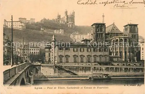 Lyon_France Pont de Tilsitt Cathedrale et Coteau de Fourviere Lyon France