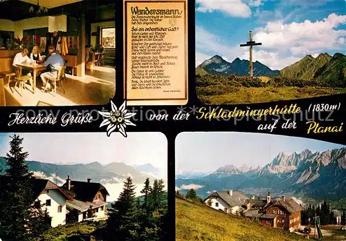 Schladmingerhuette Stoderzinken Kamm Grimming Huetteninneres Gipfelkreuz mit Hoechstein Dachsteingruppe Schladmingerhuette