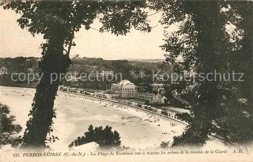 Perros Guirec La Plage de Trestraou vue a travers les arbres de la montee de la Clarte Perros Guirec