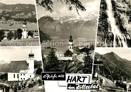 Hart_Zillertal Ortsansicht mit Kirche Viehweide Alm Wasserfall Alpenpanorama Hart_Zillertal