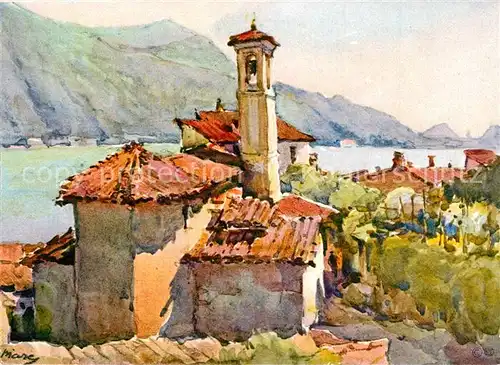 Morcote_TI Motiv mit Kirche Luganersee Alpen Kuenstlerkarte Morcote_TI