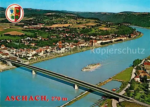 Aschach_Donau Erholungsort mit Donaukraftwerk Bruecke Dampfer Fliegeraufnahme Aschach Donau