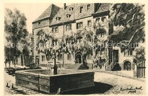 Lauterbach_Hessen Burgschloss Brunnen Kohlezeichnung von K. Winkel Kuenstlerkarte Lauterbach Hessen