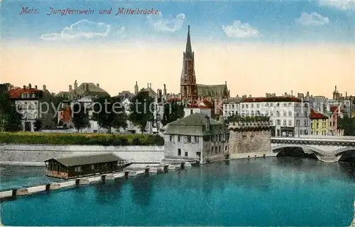 Metz_Moselle Jungfernwehr und Mittelbr?cke Metz_Moselle