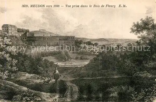 Meudon vers 1800 vue prise dans le Bois de Fleury Dessin Kuenstlerkarte Meudon