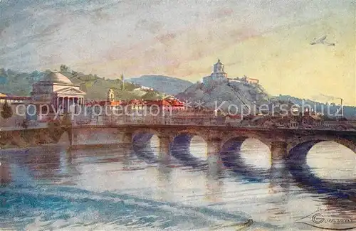 Torino Il Po Grand Madre di Dio e Monte Cappuccini Kuenstlerkarte Torino