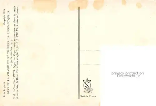 Papst S.S. Pie XI Cardinal Vico Pape Chasse de Ste There de l Enfant Jesus 