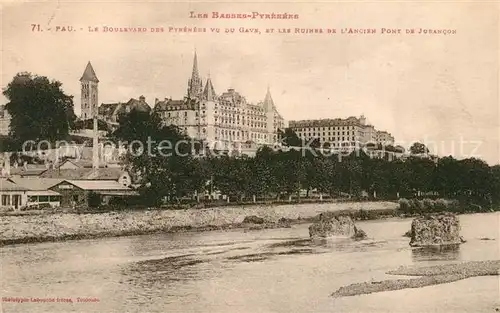 Pau Boulevard des Pyrenees vu du Gave Ruines de l ancien Pont de Jurancon Pau