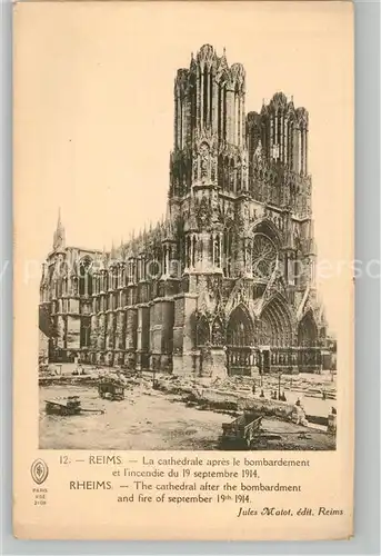 Reims_Champagne_Ardenne La cathedrale apres le bombardement et lincendie du 19 sept 1914 Reims_Champagne_Ardenne