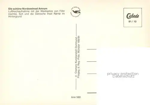 AK / Ansichtskarte Amrum Fliegeraufnahme mit der Westspitze von Foehr Sylt und Insel Romo Amrum