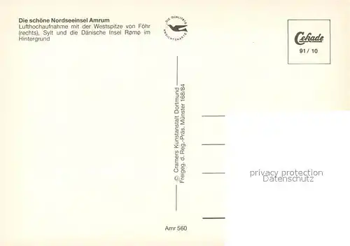AK / Ansichtskarte Amrum Fliegeraufnahme mit der Westspitze von Foehr Sylt und Insel Romo Amrum