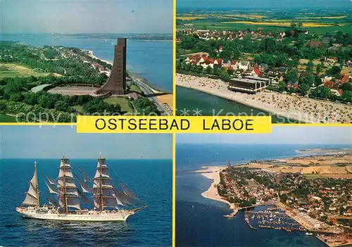 AK / Ansichtskarte Laboe Fliegeraufnahmen mit Strand Hafen Wahrzeichen Segelschiff Laboe