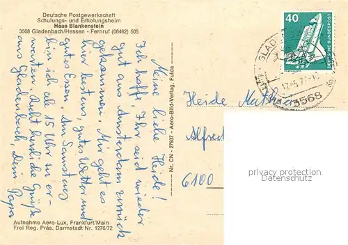 AK / Ansichtskarte Gladenbach Haus Blankenstein Fliegeraufnahme Gladenbach