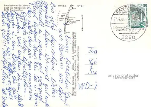 AK / Ansichtskarte Rantum_Sylt Bundesbahn Sozialwerk Seeheim Alt Rantum Fliegeraufnahme Rantum Sylt