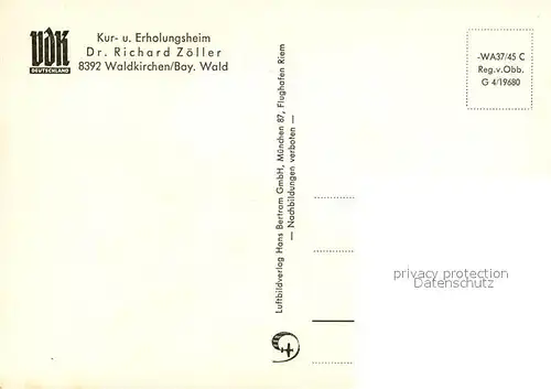 AK / Ansichtskarte Waldkirchen_Niederbayern Fliegeraufnahme Kur  und Erholungsheim Dr. Richard Z?ller Waldkirchen Niederbayern