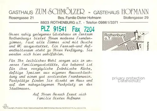 AK / Ansichtskarte Rothenburg_Tauber Gasthaus Zum Schmoelzer Gaestehaus Hofmann Rothenburg Tauber