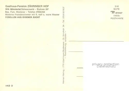 AK / Ansichtskarte Muenstertal_Schwarzwald Gasthaus Pension Zaehringer Hof Landschaftspanorama Muenstertal_Schwarzwald