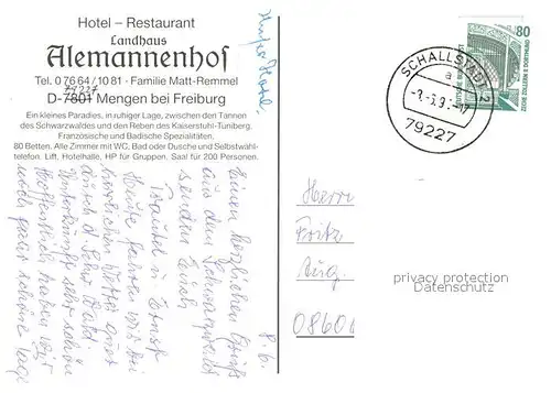 AK / Ansichtskarte Mengen_Schallstadt Hotel Restaurant Landhaus Alemannenhof Mengen_Schallstadt