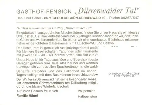 AK / Ansichtskarte Duerrenwaid Gasthof Pension Duerrenwaider Tal Restaurant Duerrenwaid