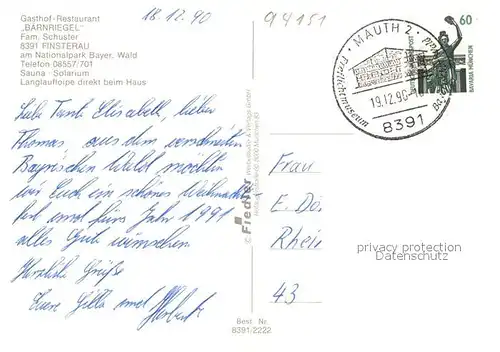 AK / Ansichtskarte Finsterau_Bayerischer_Wald Gasthof Restaurant Baernriegel im Winter Finsterau_Bayerischer