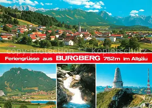 AK / Ansichtskarte Burgberg_Allgaeu Gesamtansicht mit Alpenpanorama Wasserfall Gruenten Jaegerdenkmal Sender Burgberg Allgaeu
