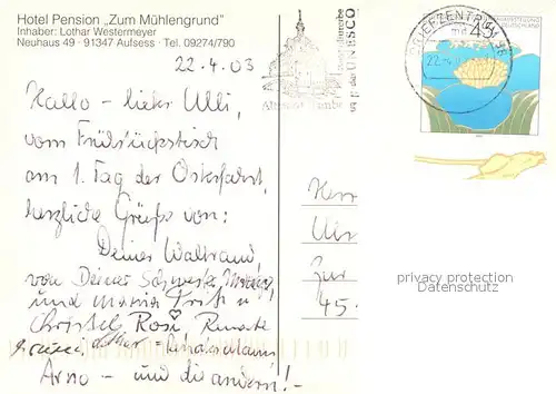 AK / Ansichtskarte Aufsess Hotel Pension Zum Muehlengrund Restaurant Buffet Landschaftspanorama Aufsess