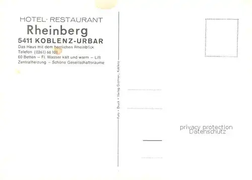 AK / Ansichtskarte Urbar_Koblenz Hotel Restaurant Rheinberg Urbar_Koblenz